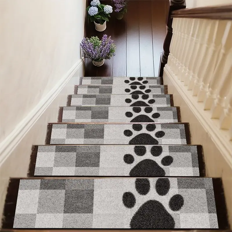 VIKAMA Non Slip Stair Treads For Indoor Wooden Stairs Dog Paw Print Plaid Staircase Mat Pet Step Pad Soft Gripper Home Decor