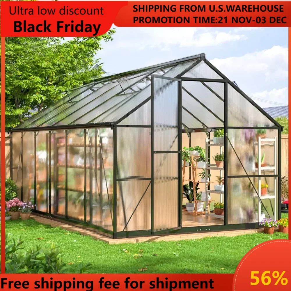 8x12 FT Greenhouse for Outdoors, Quick Setup Polycarbonate Greenhouse with Roof Vent, Aluminum Large Walk-in Greenhouse