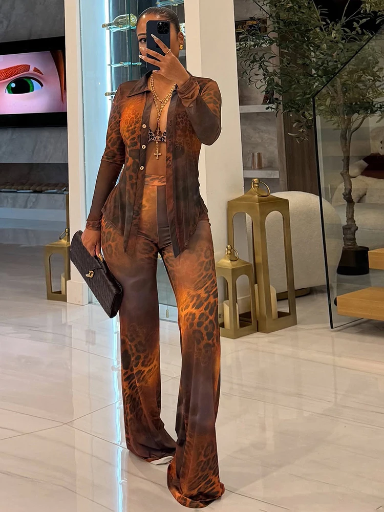 Nibber는 레오파드 무늬 2 개 세트 여성 섹시 버튼 타이트 블러 + 플래 팬츠 매치 스트리트 클럽 스트레치 의상