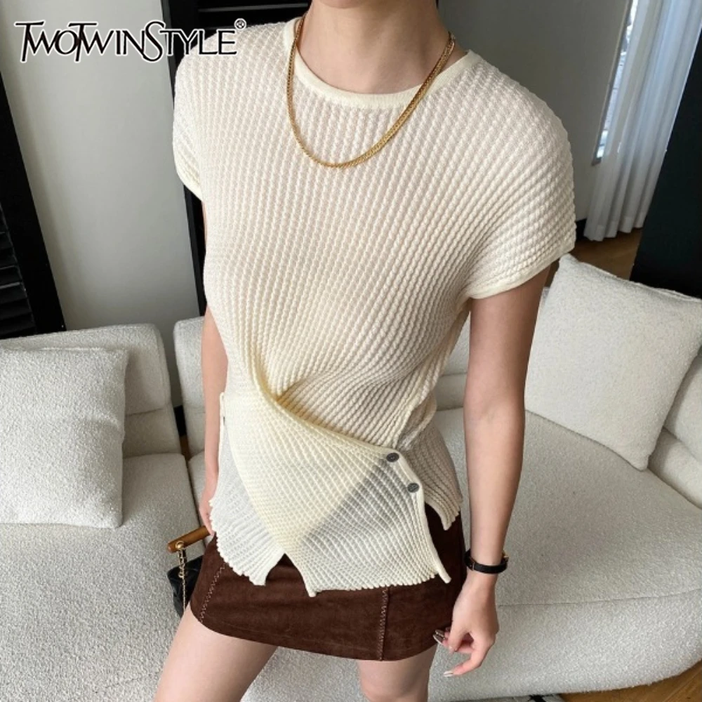 

TWOTWINSTYLE Solid Spliced Folds T Shirt Female O Neck Short Sleeve Loose Minimalist Irregular Women's T Shirts Autumn Fashion