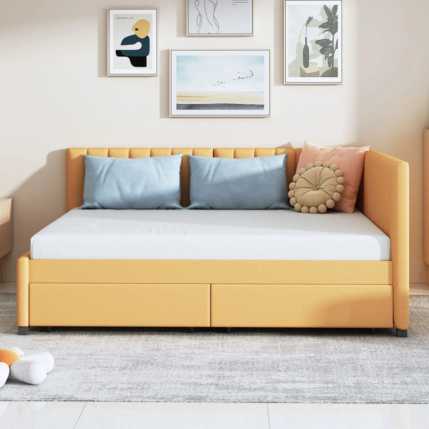 

Full Size Upholstered Daybed with Storage Drawers - Linen Fabric (Yellow) - No Box Spring Needed