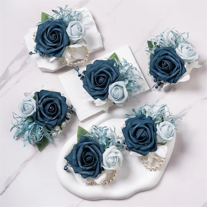 Dusty Blue Wrist Corsage Wedding Bracelet for Bridesmaid 6pcs Silk Wrist Corsage Bridesmaid Sisters Girl Hand Flowers Wristlet image 6