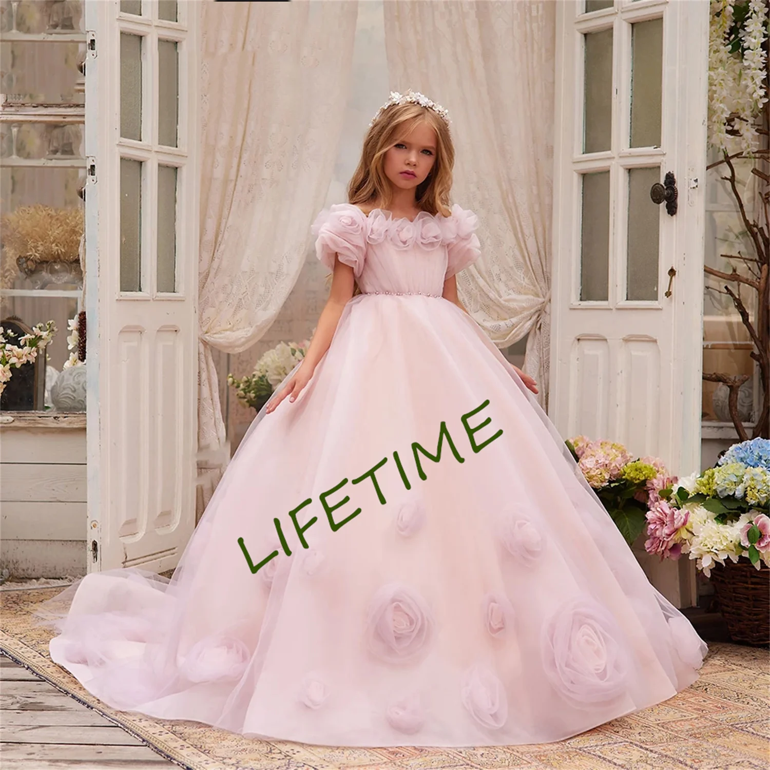 Rosa Blumen mädchen Kleid geschwollene Hochzeits feier Kleider niedlichen Baby Mädchen Kleid Prinzessin Kleid Erstkommunion Kleid Elfenbein