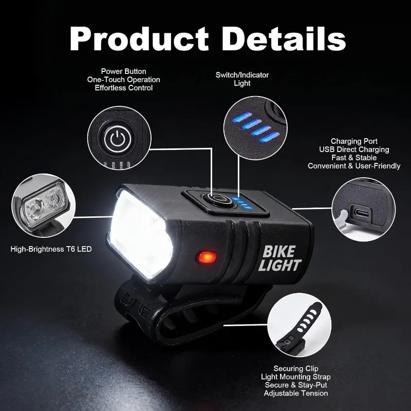 Cycling Flashlight Waterproof Bicycle Headlight LED Ultralight Handlebar Lights Bike Front Light Type-C Rechargeable Bike Lamp view 5