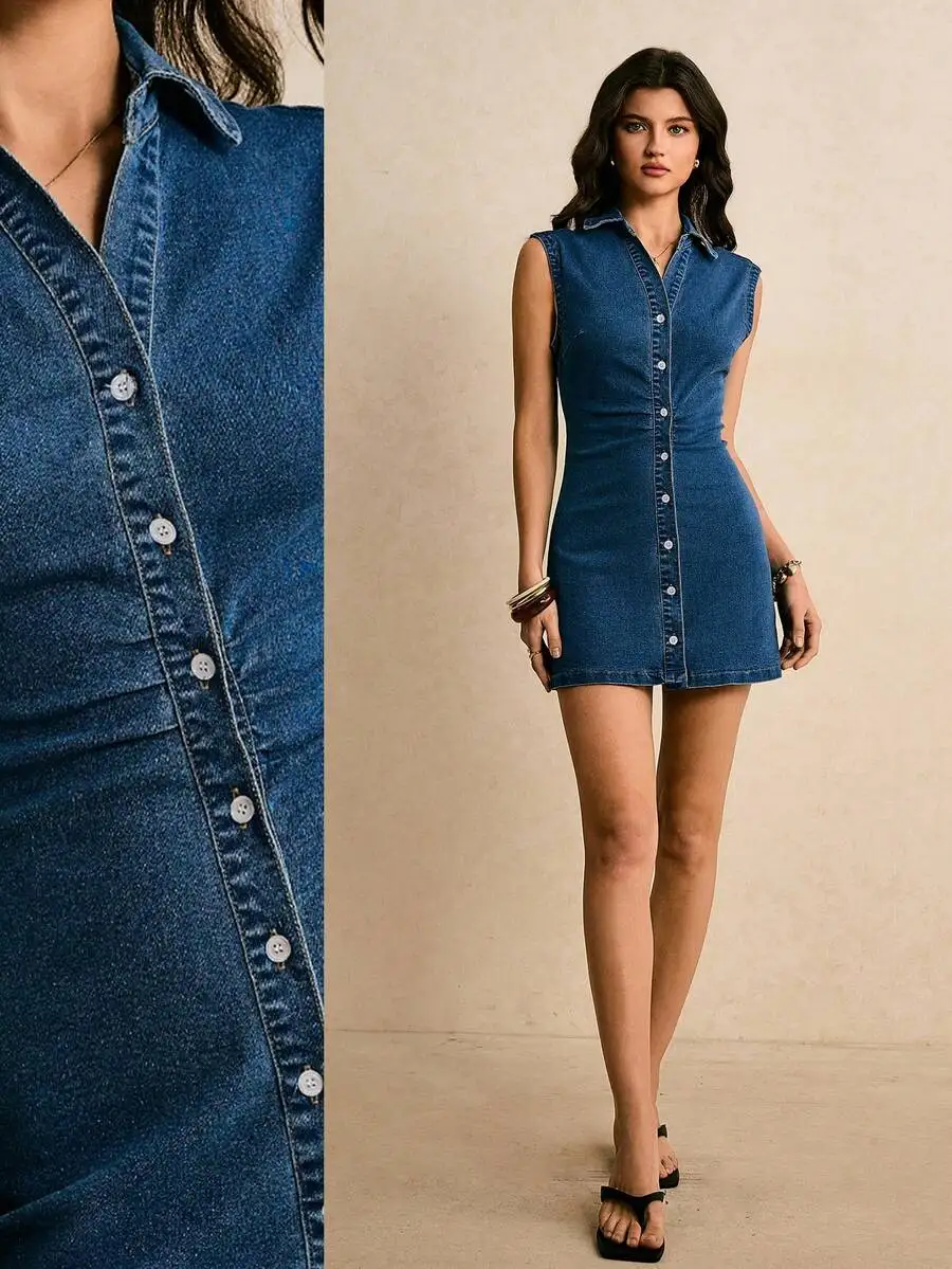 

Womens Sleeveless Denim Button-Down Dress Pleated Front Casual Summer Short Dress