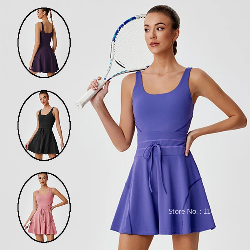 Women Tennis Dress Women Outdoor Sports U-shaped Back Adjustable Drawstring Anti Glare Fitness Suit Running Golf Yoga Dresses