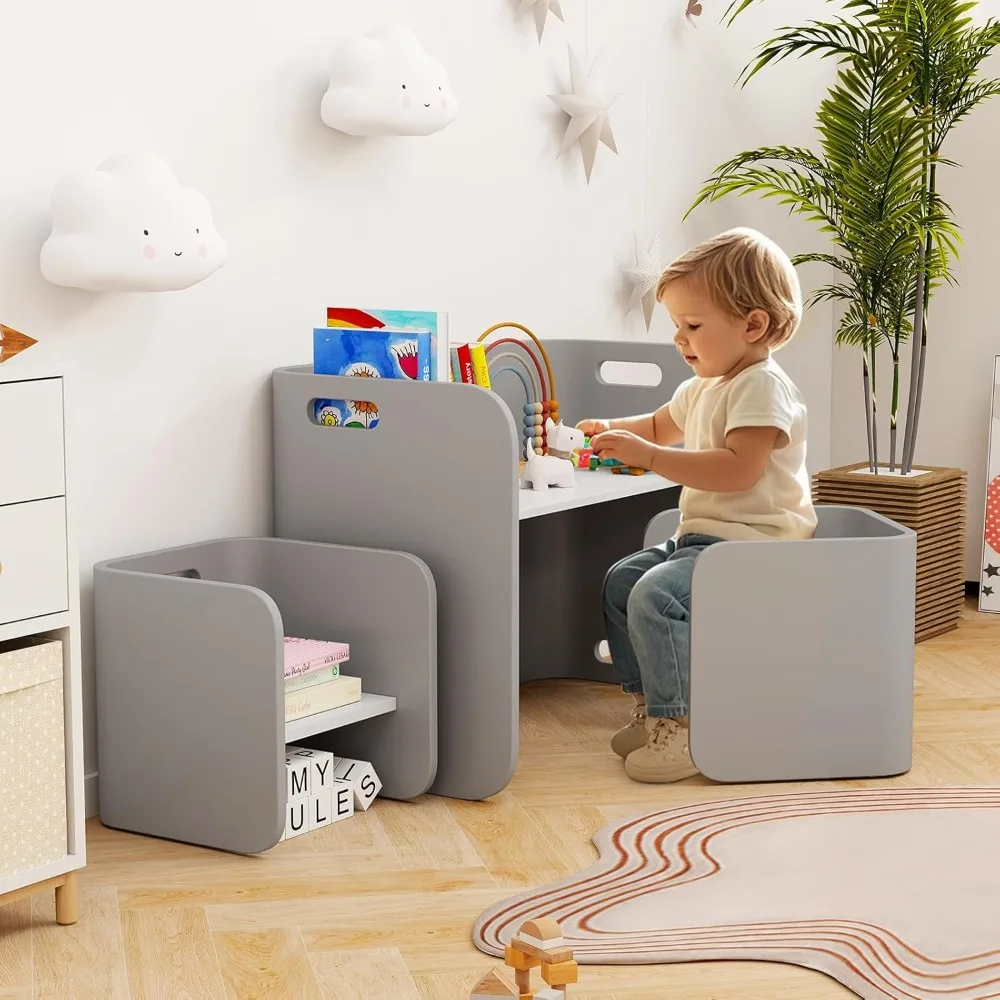 Kids Table and Chair Set, All in 1 Wood Activity Table, Bench, Storage Shelves, Desk for Children Reading, Arts, Crafts, Snack