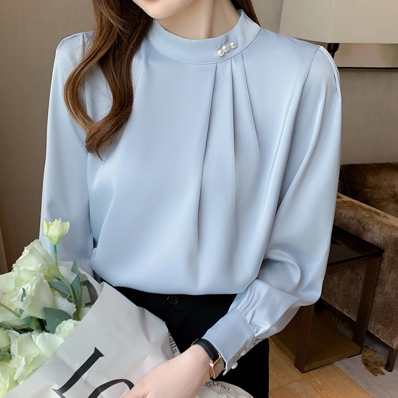 

Satin Shirts for Women Long Sleeve Stylish Chiffon Blouse Solid Color Beaded Tops Office Ladies White Shirts 2025 New
