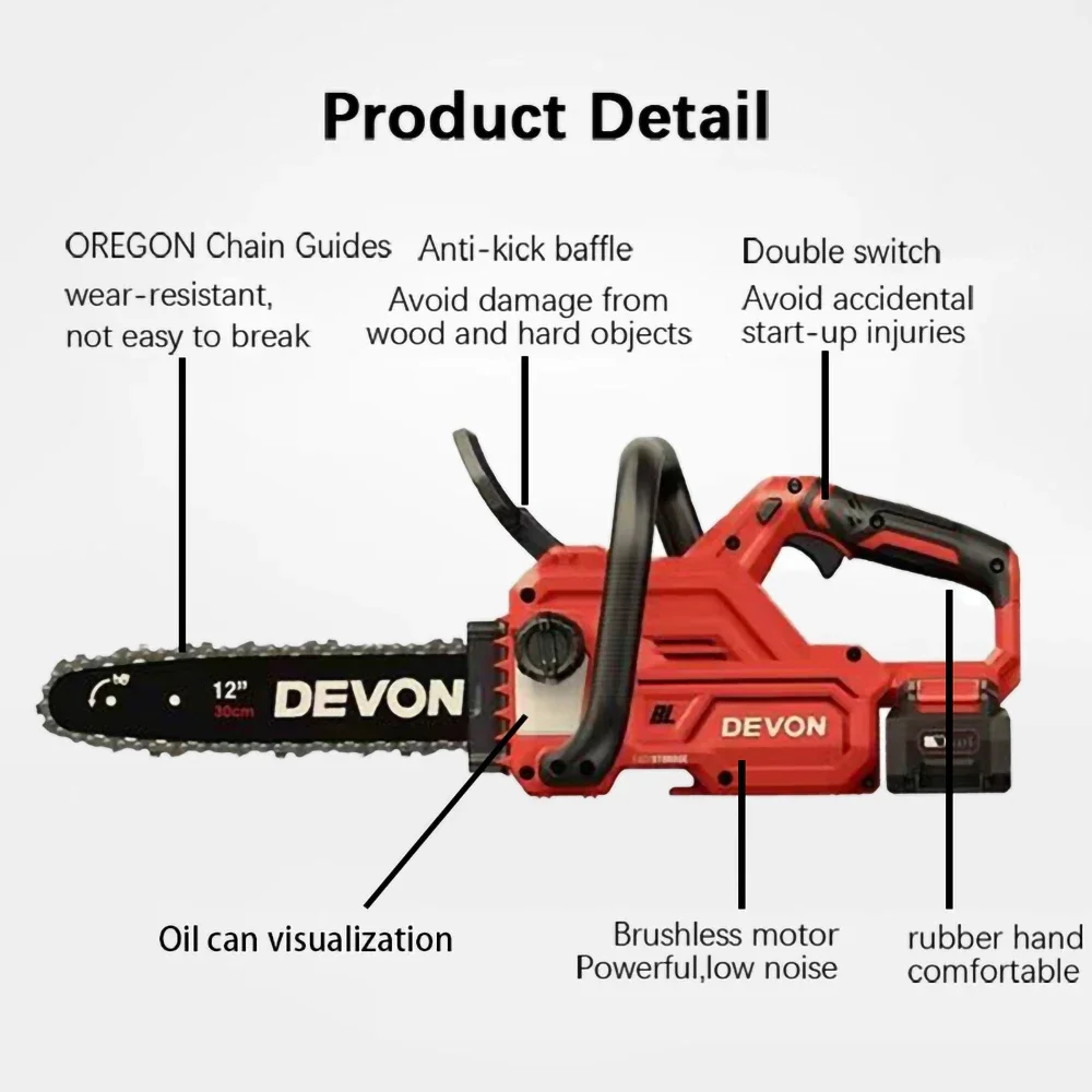 Devon Cordless Chain Saw Brushless Motor 4557 20v 7.9m/s Auto Filling Oil for Woodworking Universal Flex Battery Platform