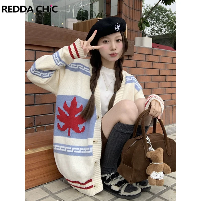 

ReddaChic Festival Jacquard Sweater Jacket Women Loose Casual Single-breasted V-neck Maple Leaf Knit Cardigan Korean Streewear