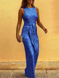 Summer Women's New Sequin Jumpsuit Elegant Solid Color Round Neck Sleeveless Fashion Personalized Women's Jumpsuit