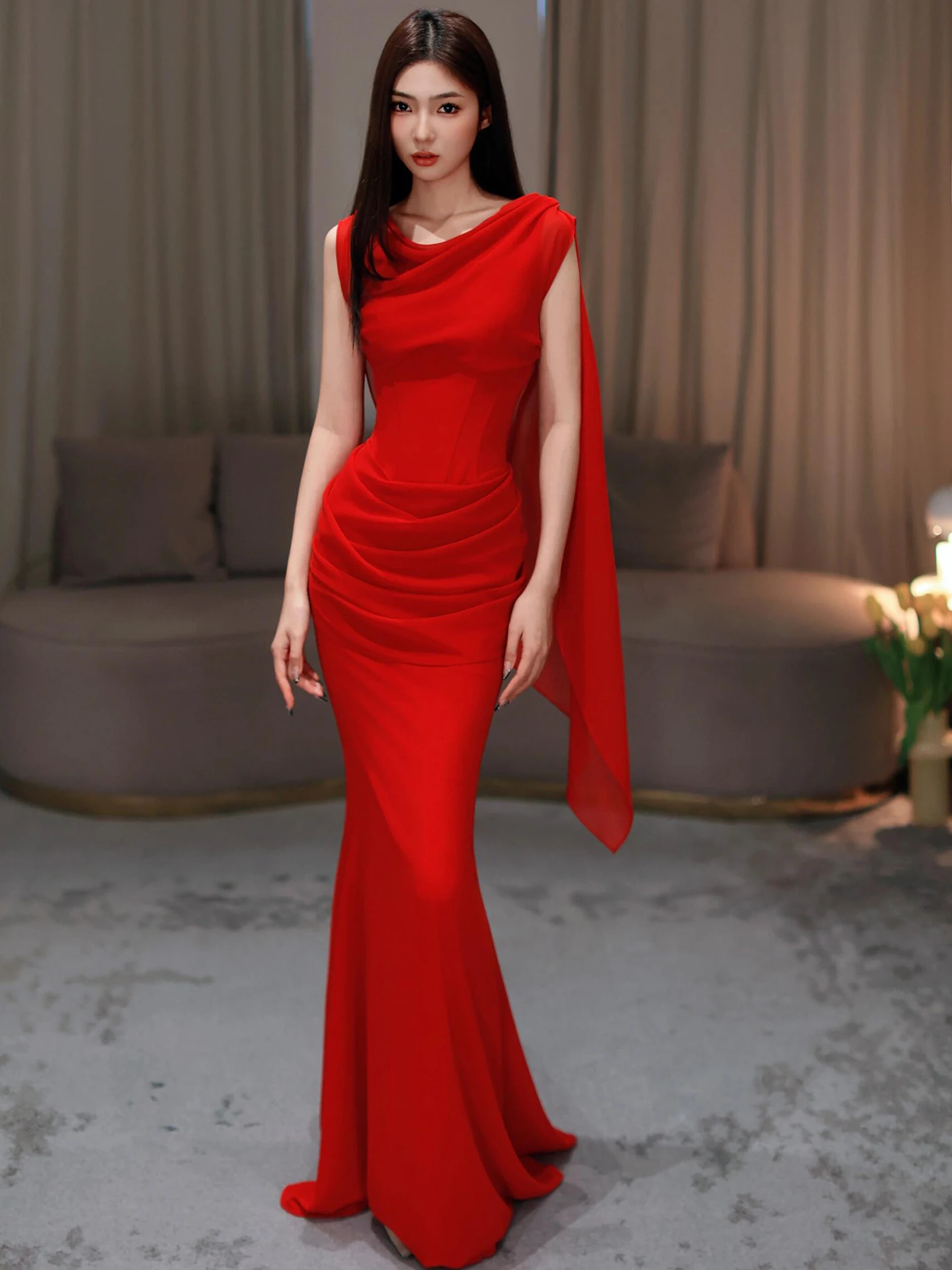 

Красное вечернее платье с длинными рукавами и молнией в корейском стиле для невесты, для свадебного торжества и приема гостей, стройнящее фигуру