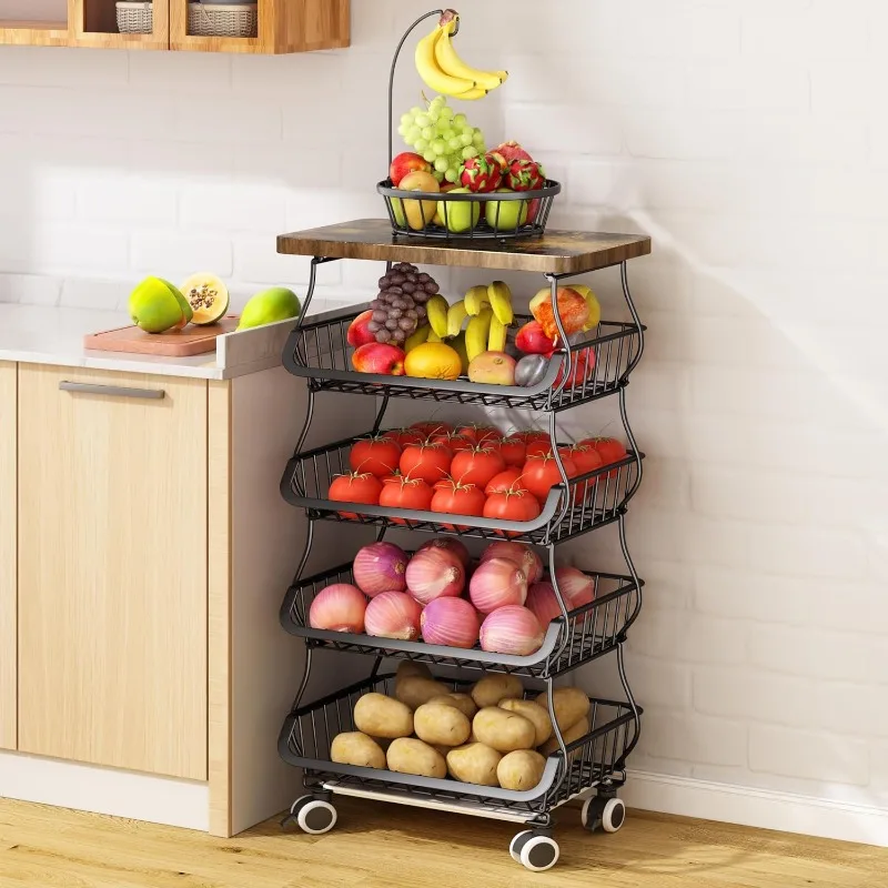 Fruit Basket Kitchen Pantry Organizers and Storage - Wooden Top Table, Stackable Metal Wire Basket Stand Cart For Fruit