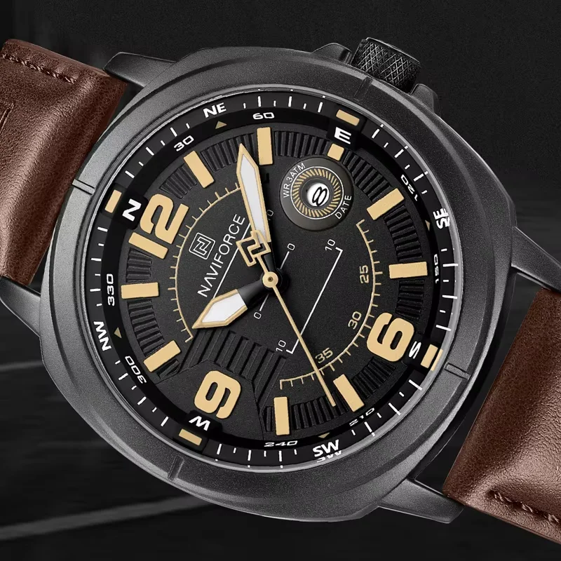 NAVIFORCE Men's Fashion Quartz Watches 3ATM Waterproof Luminous Display Classic Compass Dial PU Breathable Strap Wristwatches