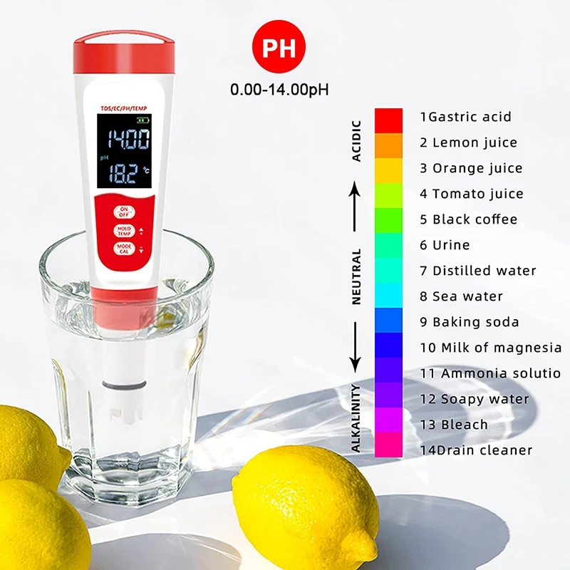 Water Tester Digital PH Meter With ATC, 4 In 1 PH/EC/TDS/Thermometer 0.01 Resolution High Precision Pen Tester