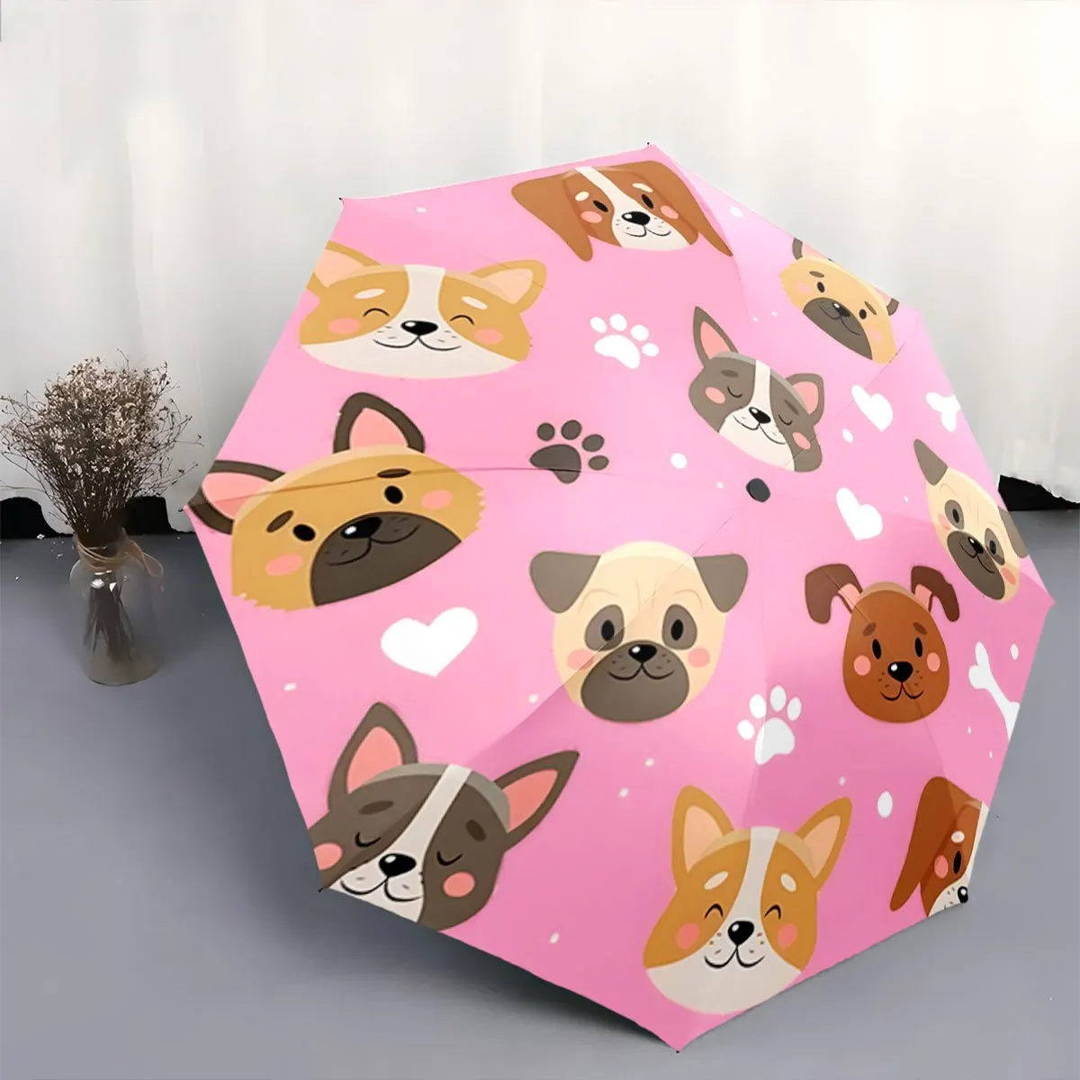 

Автоматический складной зонт с милыми собачьими мордочками, сердечками и отпечатками лап. Портативный складной дизайн, повседневный аксессуар для активного отдыха, f
