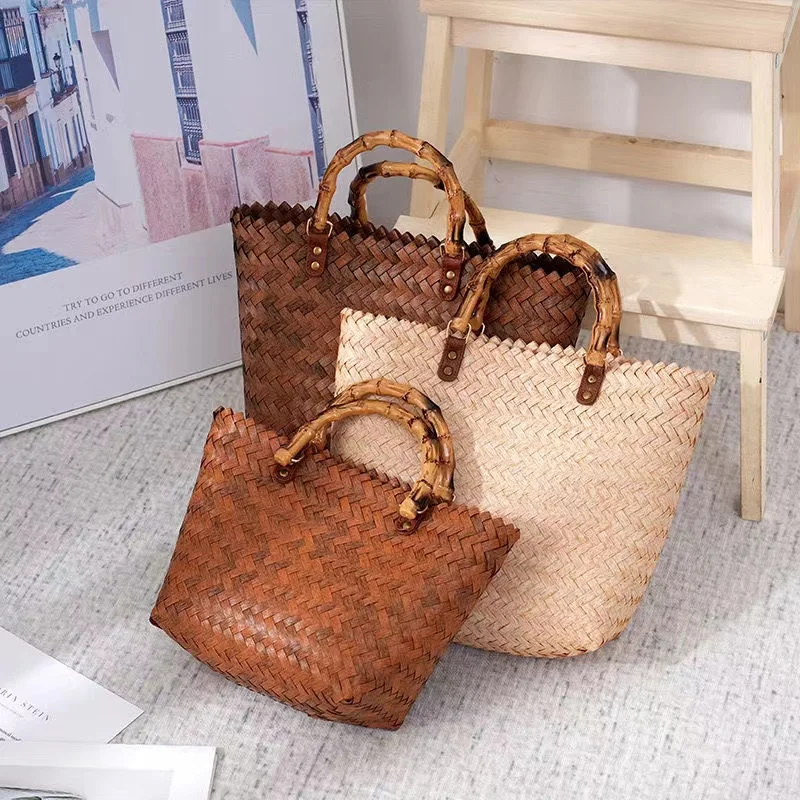 Classic Grass Woven Tote Bags Handmade Summer Autumn Beach Bag INS Boho Natural Vegetable Basket Shopping Handbag Women Gifts