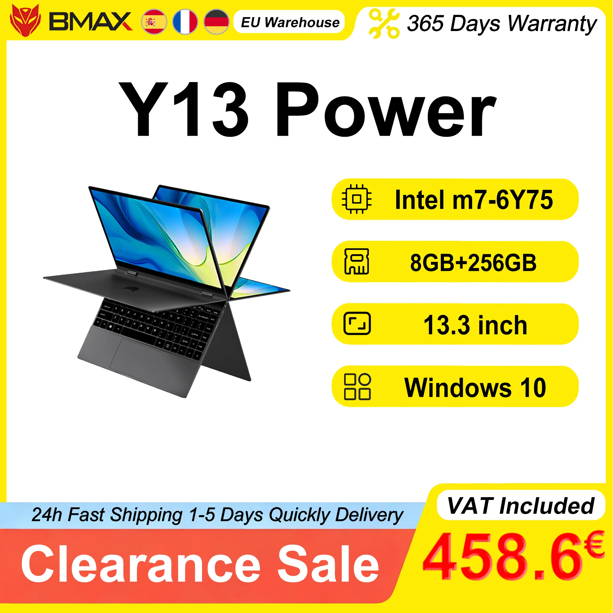 BMAX Y13 Power Laptop 13,3 inch 8GB RAM 256GB ROM Intel m7-6Y75 Intel 9e generatie UHD Graphics 515 Type C