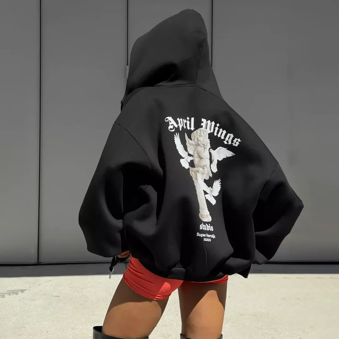 Bluza damska z nadrukiem anioła w stylu Y2K - Luźna, obszerna bluza z grafiką, streetwear Harajuku, Kpop, hip-hop, casualowy pulower