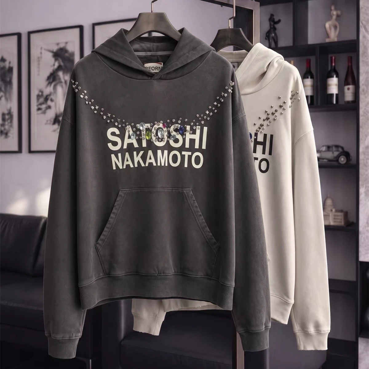 Washed SATOSHI NAKAMOTO NECKLACE Hoodie Men Women Heavy Fabric Hooded Pullover