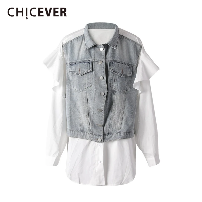 

CHICEVER Fake Two Piece Set Spliced Button Shirt for Women Lapel Short Sleeve Patchwork Denim Loose Vest Blouses Female Clothing