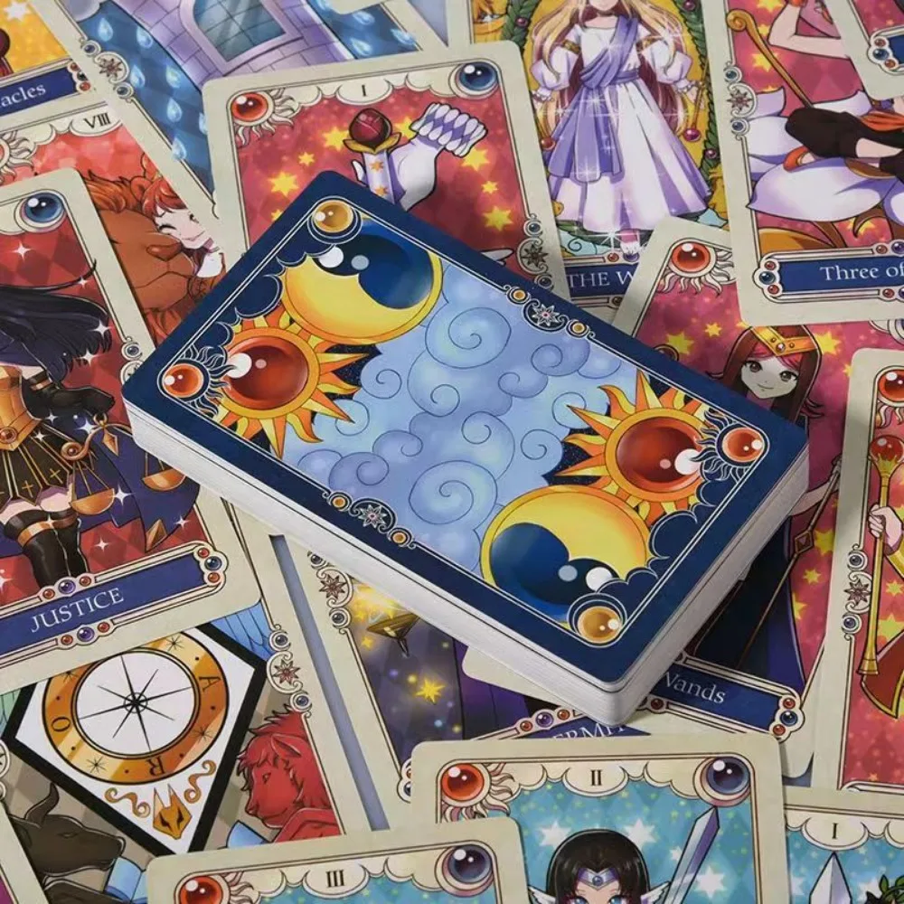 Japońskie anime Tarot 78 sztuk Śliczne karty tarota 12 * 7 cm Ilustracje z kreskówek zapakowane w sztywnym pudełku z przewodnikiem dla początkujących