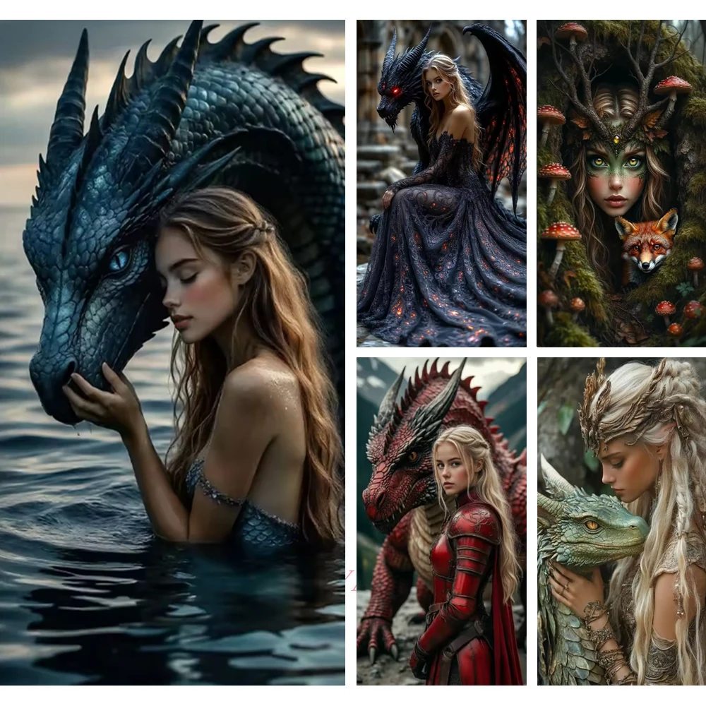 

Алмазная мозаика DIY: Женщина-дракон в стиле аниме, 5D, полная квадратная/круглая вышивка стразами, вышивка крестом, декор для дома