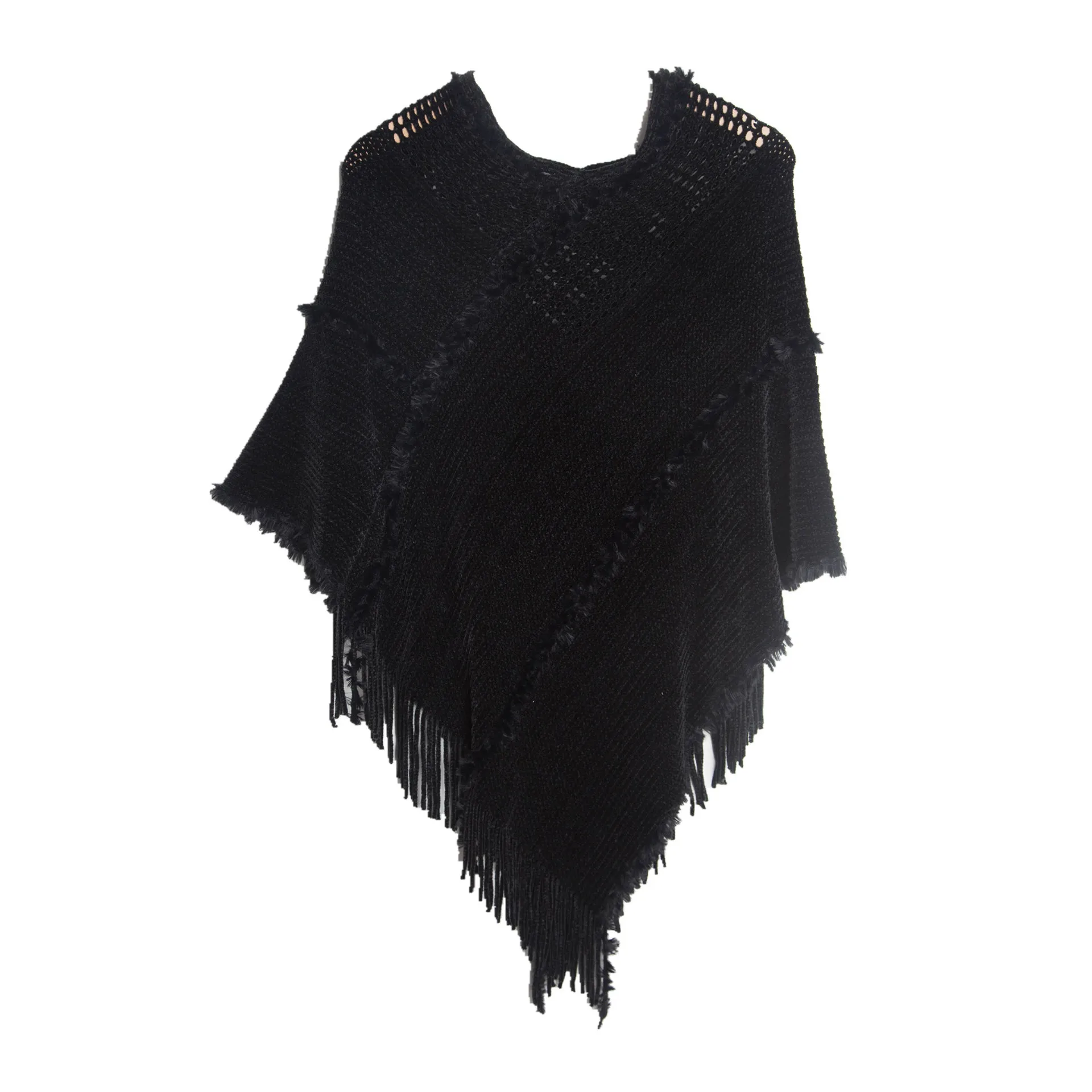 Spring Autumn Pullover Shawl Knitwear Hollow Knitting Tassel Shawl Women Poncho Lady Capes Black Cloaks