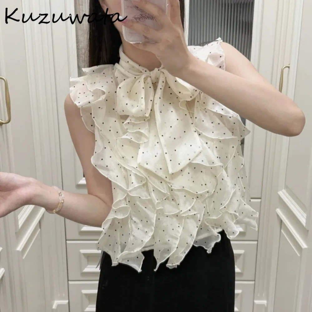 

Kuzuwata Ruffles Pullover Princess Fairy Blusas Sweet Fresh All-match Polka Dot Blouses Japan Lace Up Fungus Patchwork New Shirt
