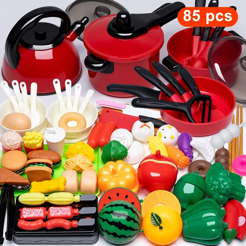 85 Pcs Simulation Kitchen Toys Set Cookware Fruits Cutting Kitchen Accessories Cooking Toys for Kids Girls Children Kitchen Toys