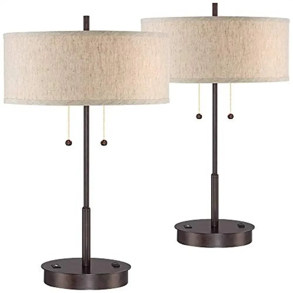 Modern Metal Table Lamps Set USB AC Outlet Nikola Fabric Drum 23.5