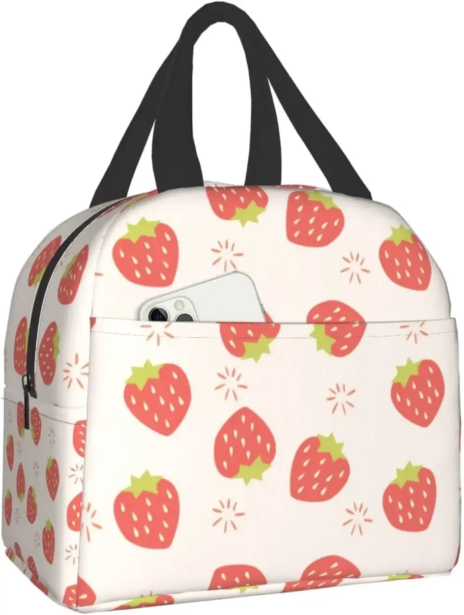 Cute Pink Strawberries Lunch Bag Reusable Lunch Box Work Bento Cooler Reusable Tote Picnic Boxes Insulated Container Bags