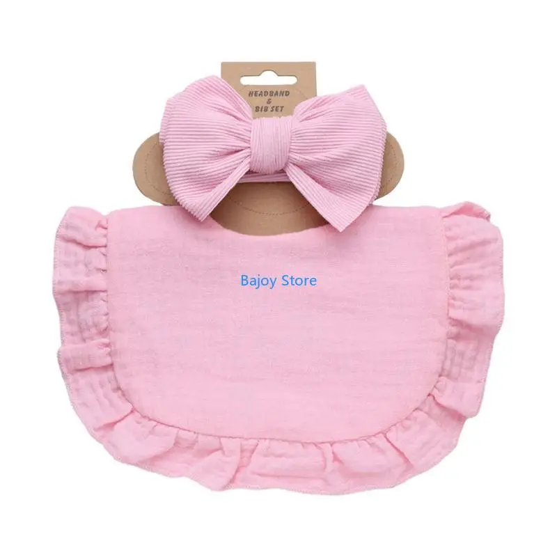 

63HE 2pcs Baby Bibs with Headbands Newborn Bow Headwrap & Spit Cloth Combo