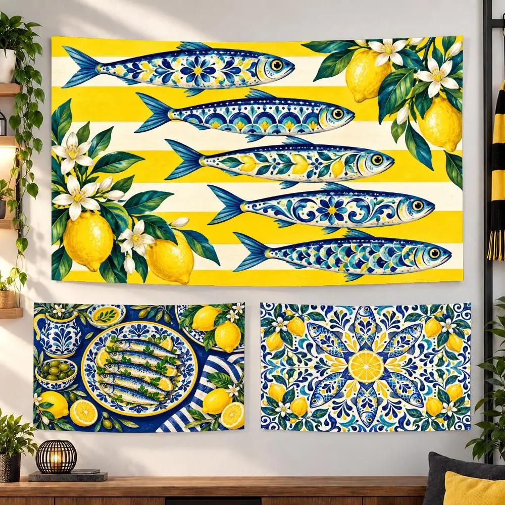 Sardine Lemon Tinned Fish Tapestry Durable Soft Microfiber Horizontal Wall Hanging Decor For Bedroom Patio Garden Parties