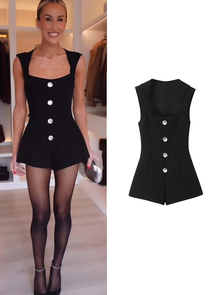 

TFMLN 2026, новые женские комбинезоны, модные повседневные короткие комбинезоны без рукавов с квадратным вырезом и драгоценными камнями на пуговицах, цельный комбинезон