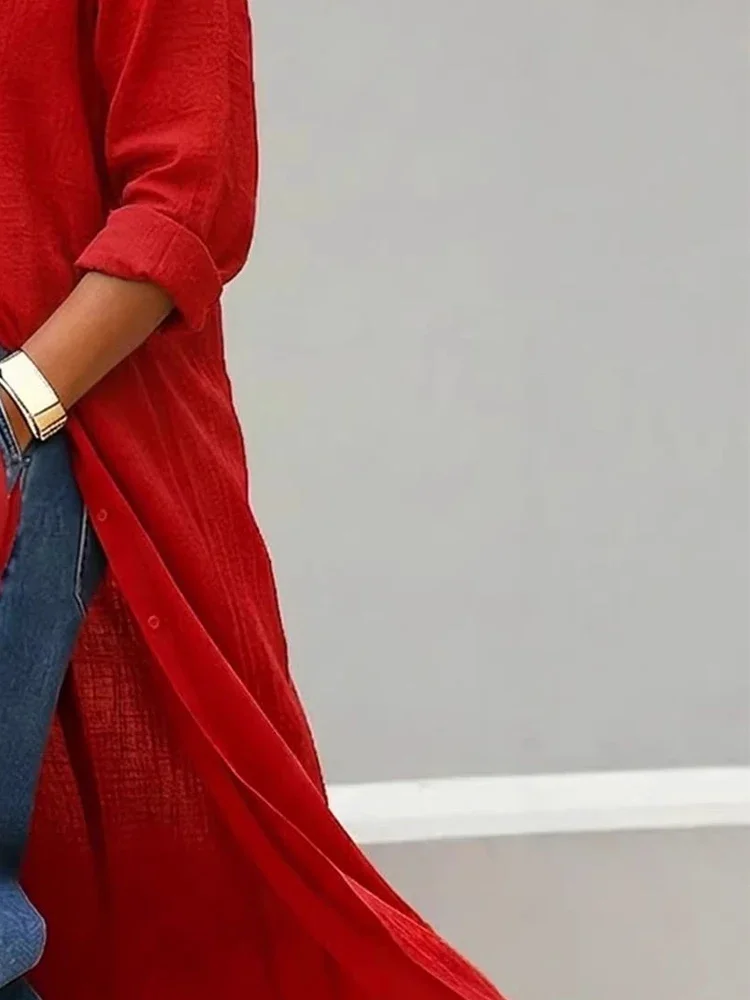 

Women's Long Sleeve Maxi Top Spring Summer Turn-Down Collar Loose Cardigan Chic 2026 Single-Breasted Ladies Shirt Blouse