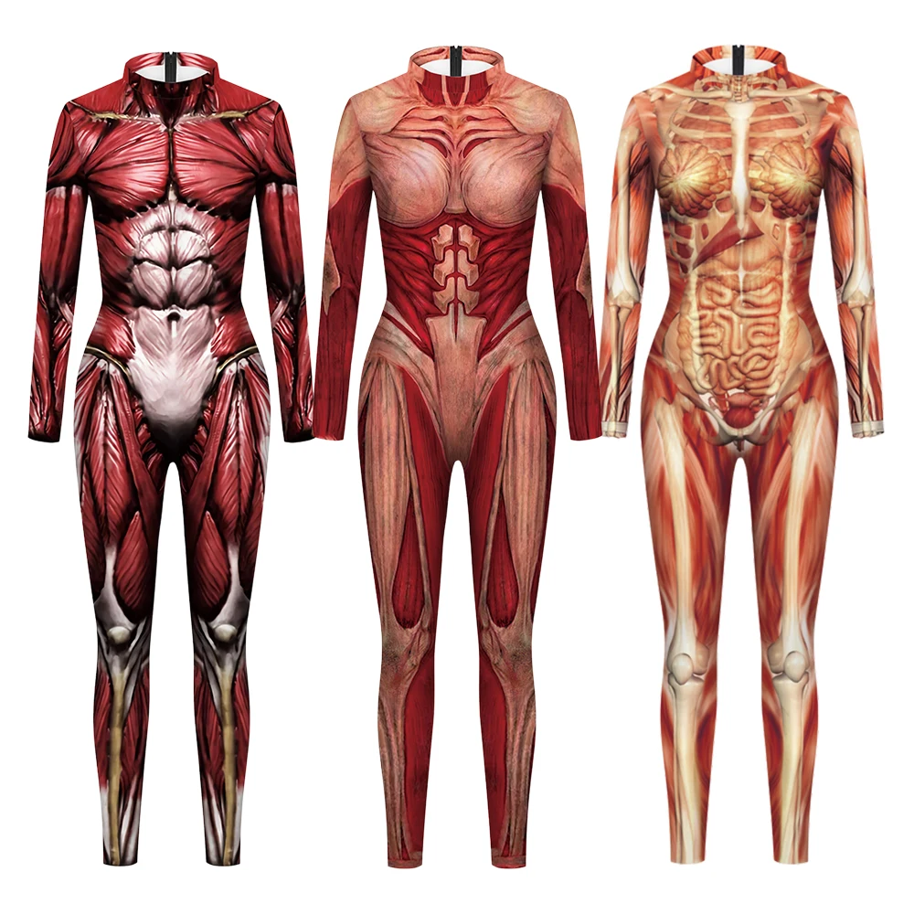 

Fashion New Human Muscles Red Jumpsuits Adult Anime Cosplay Costumes Men Women Party Clothing Slim Bodysuits