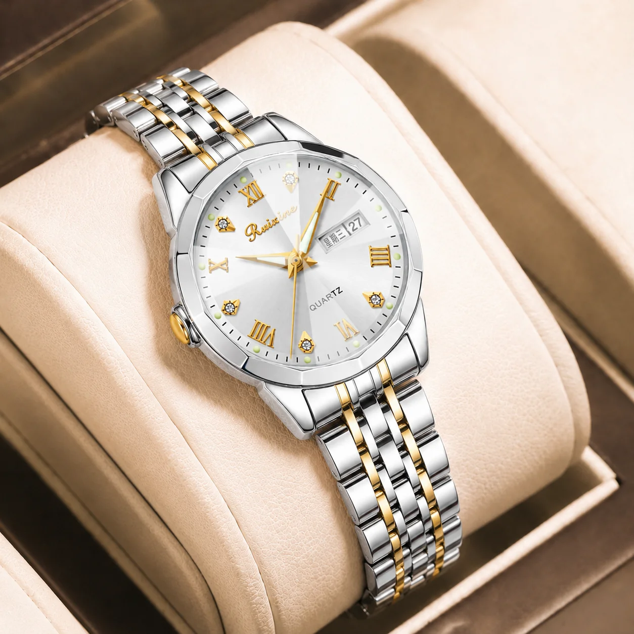 RUIXINE New Elegant Women Quartz Watch Calendar Stainless Steel Bracelet Wristwatch Crystal Dial Elegant Ladies Dress Watch Gift