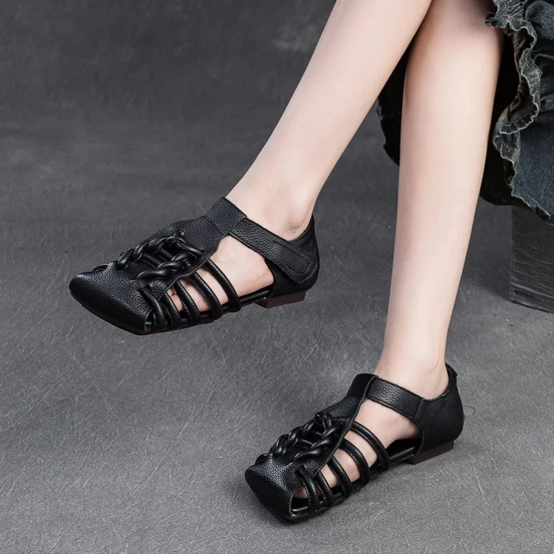 

2025 Literary Style Women Sandals Summer Woven Genuine Leather Square Toe Flat Sandals Women Lightweight Casual Shoes