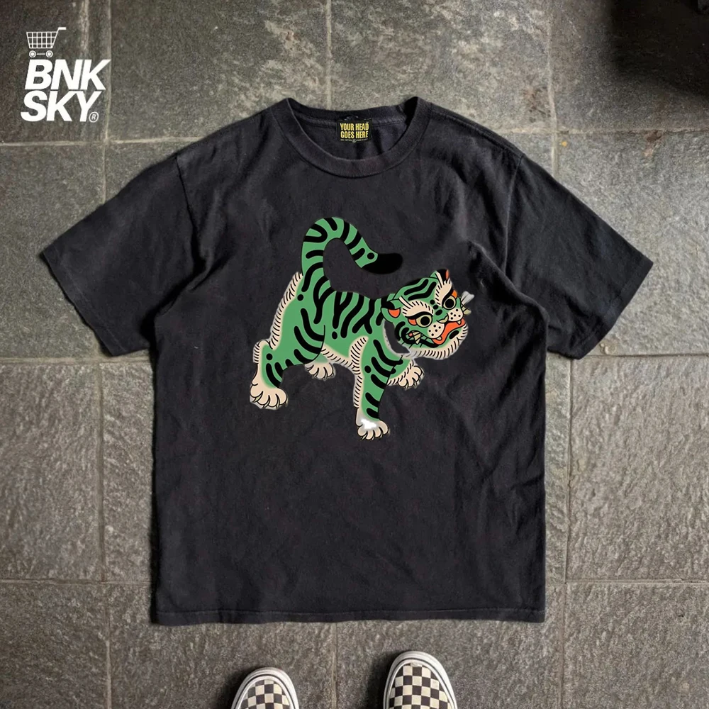 Loose Short Sleeve T-Shirt American Retro Green Tiger Tattoo High Street Style Ukiyo-e Print Comfortable Breathable Cotton Top