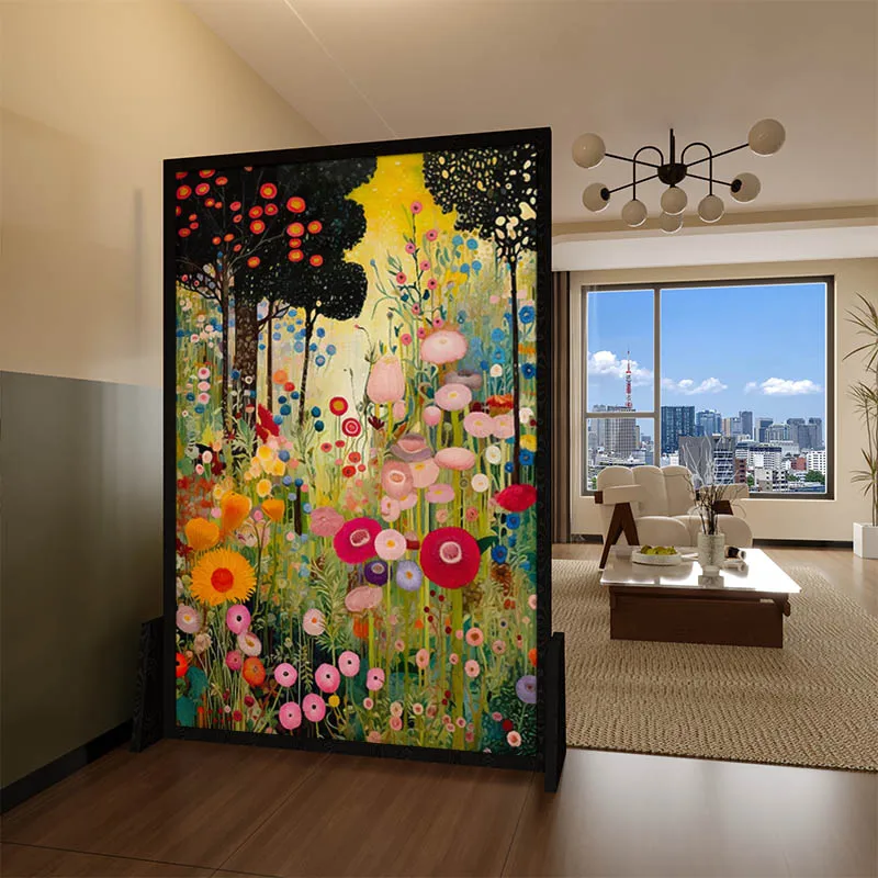 Pintura al óleo francesa, partición de pantalla móvil con flores, sala de estar, sofá, dormitorio, entrada, refugio, casa club, alojamiento en familia, madera maciza se