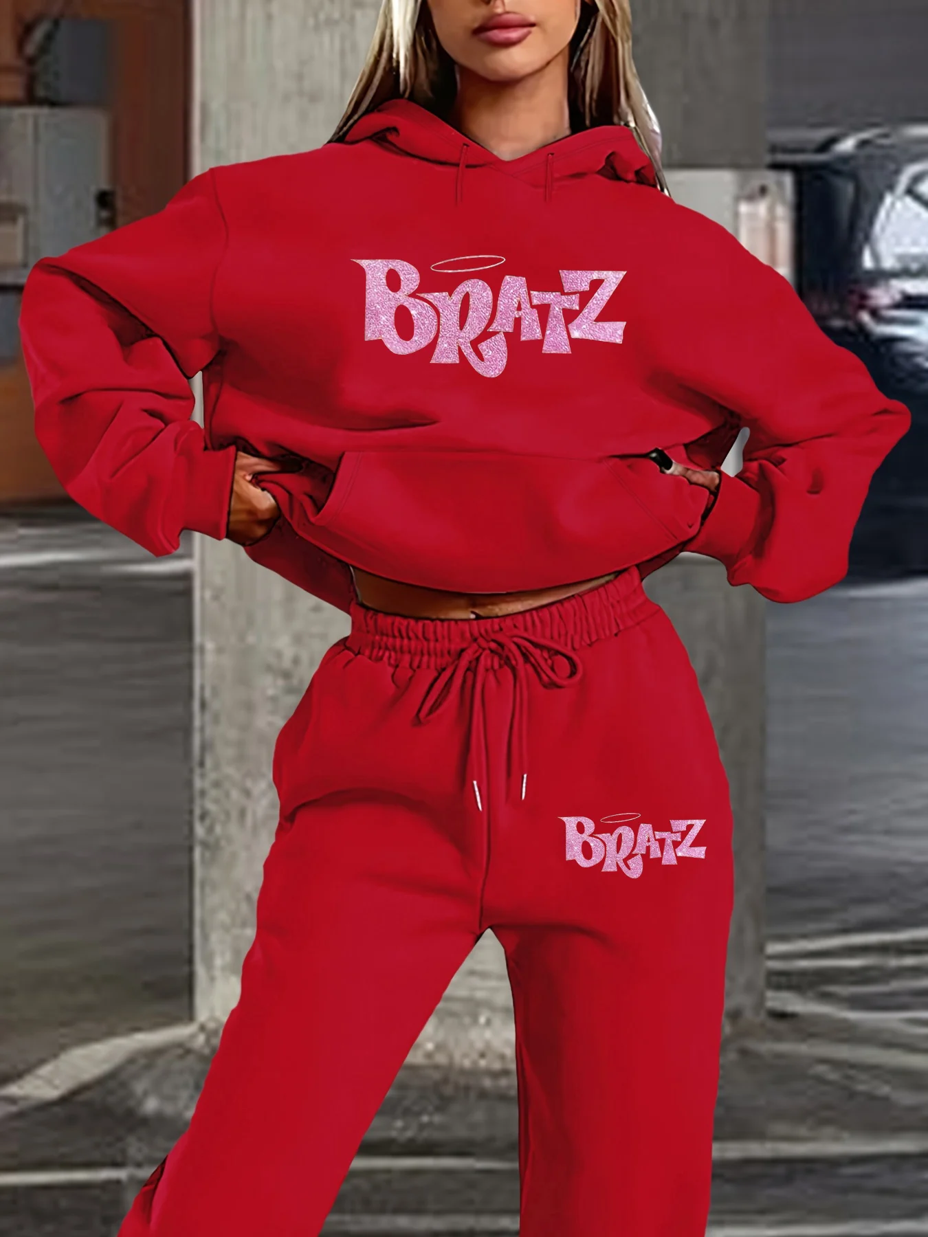 Conjunto de moletom feminino + calças esportivas hip hop street casual brtz carta padrão impresso solto outono/inverno roupas quentes