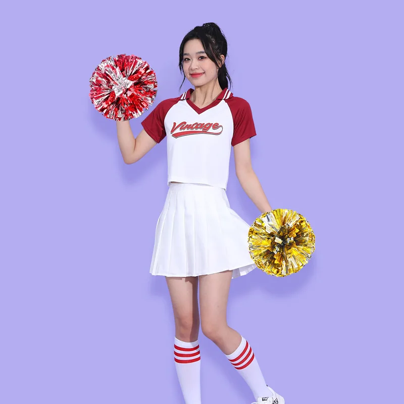 

Новое студенческое плиссированное платье с юбкой для черлидинга, костюм для танцев для девочек, групповой костюм для выступлений, укороченный топ, бейсбольная рубашка, черлидинг