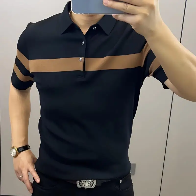 Summer Patchwork Polo Shirt Korean Trend Contrast Button Stripes Light Luxury Slim Casual Fashion Versatile Short Sleeve T-shirt