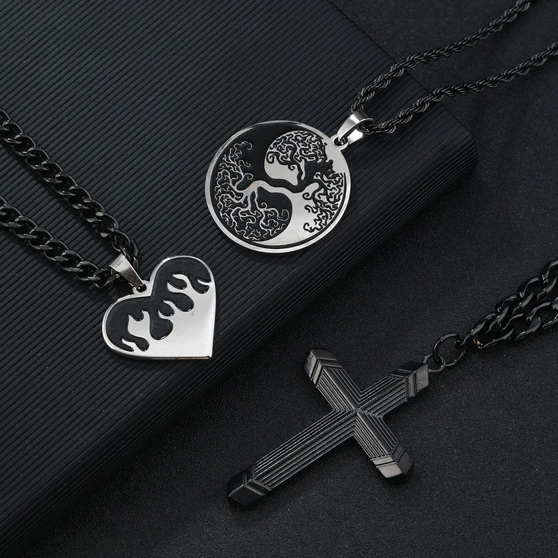Black Stainless Steel Mens Necklace Set Tree Of Life Heart Flame Cross Pendant Gothic Male Neck Jewelry