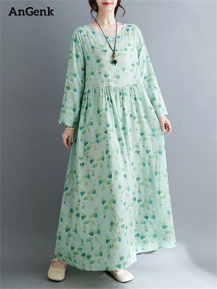 

Oversize Cotton Print Vintage Dresses For Women 2023 Autumn Casual Loose Long Dress Femme Robe Office Lady Work Elegant Clothing