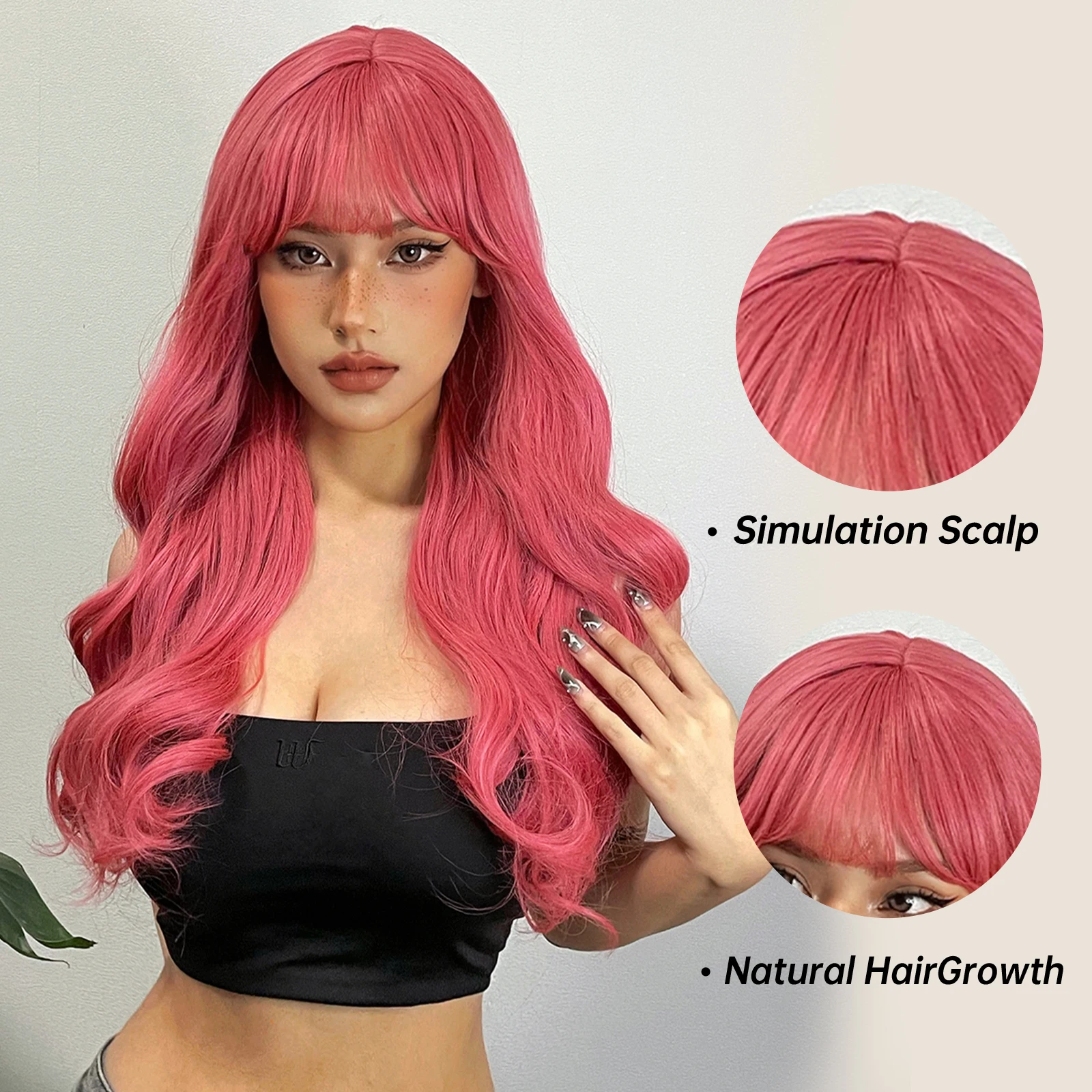 Pink Red Long Curly Wavy Synthetic Wigs Lolita Cosplay Hair With Bangs for Women Natural Water Wave Party Heat Resistant Wig