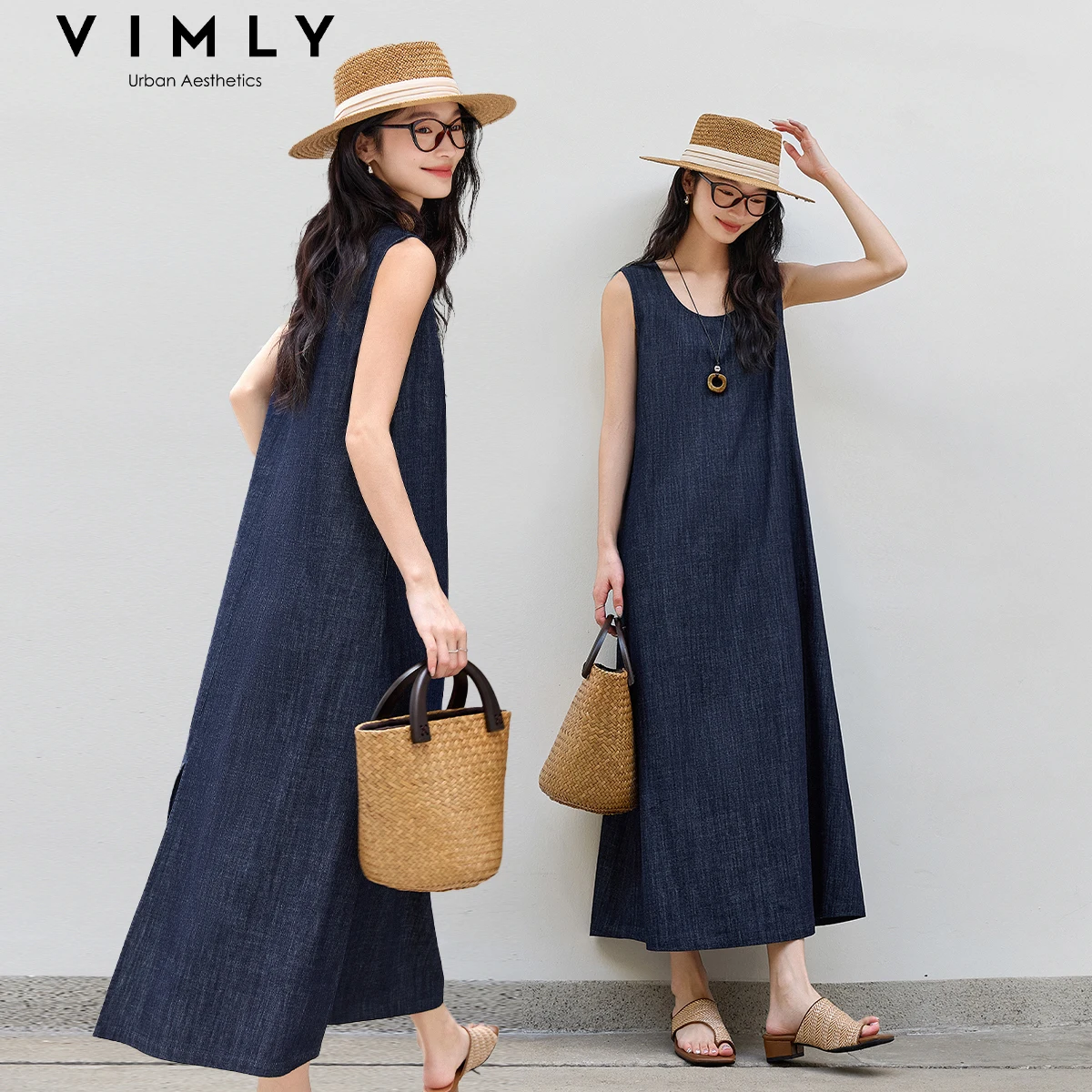 

VIMLY женское винтажное повседневное джинсовое длинное платье 2025 летнее прямое платье без рукавов с U-образным вырезом женское простое офисное женское пляжное платье