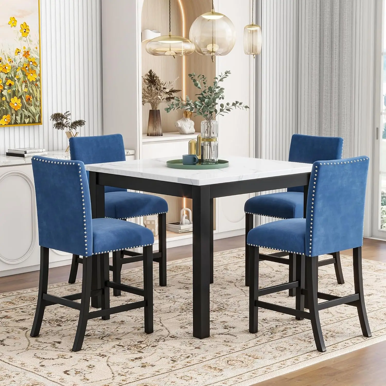 5-Piece Counter Height Dining Table Set with One Faux Marble Top 35 inch Square Dining Table and Four Velvet-Upholstered Chairs