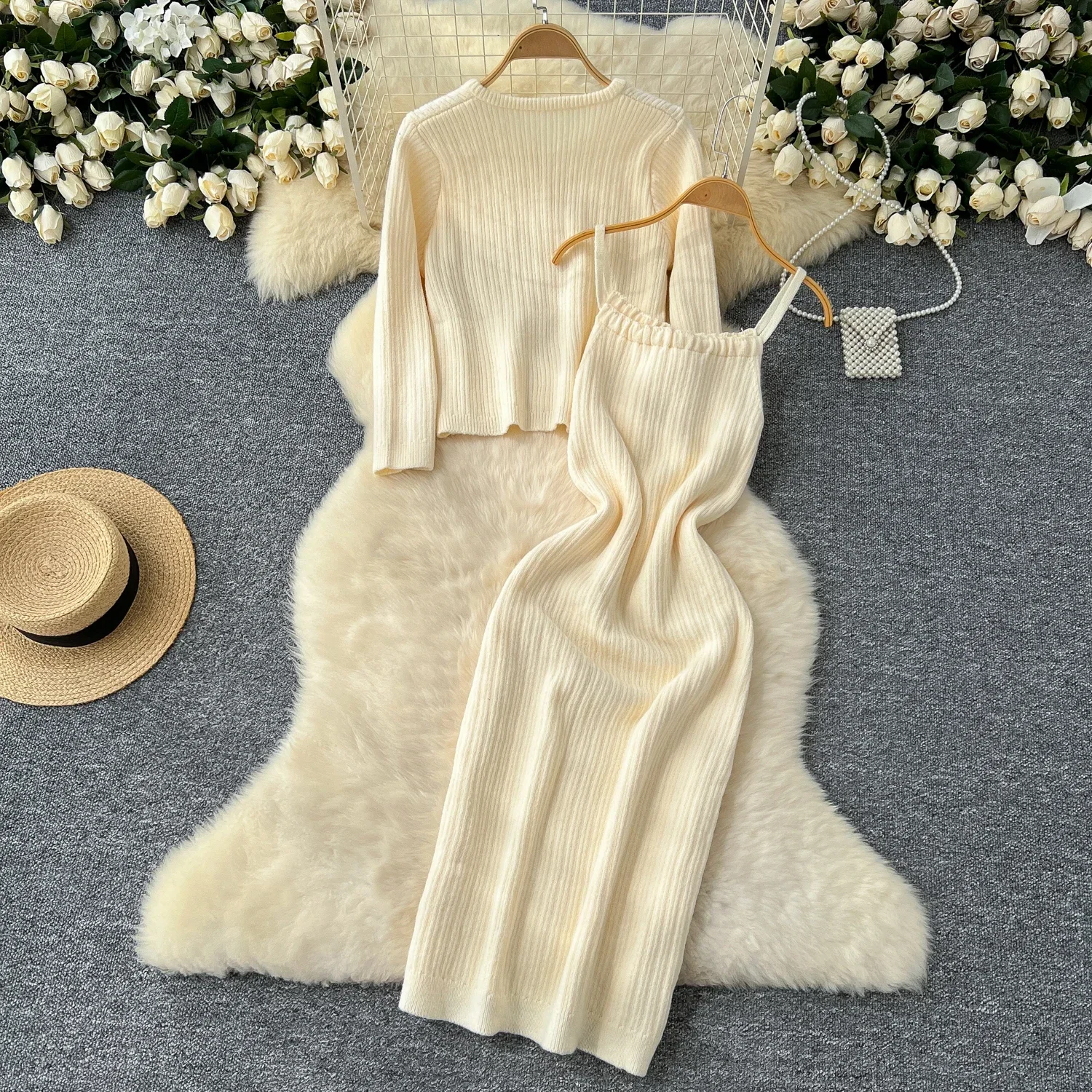 Chic Two-piece Sets Sexy Knit Straps Slim Elegant Dress and Single Breasted Coat High Street Women Office Lady Casual Clothing